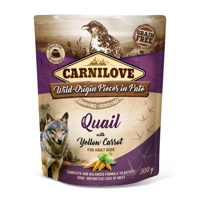 Günstig Carnilove Dog Pouch Paté – Quail with Yellow Carrot 12x300g i mPreisvergleich in unserem Onlineshop auf Hundeliebe-shop.de kaufen.