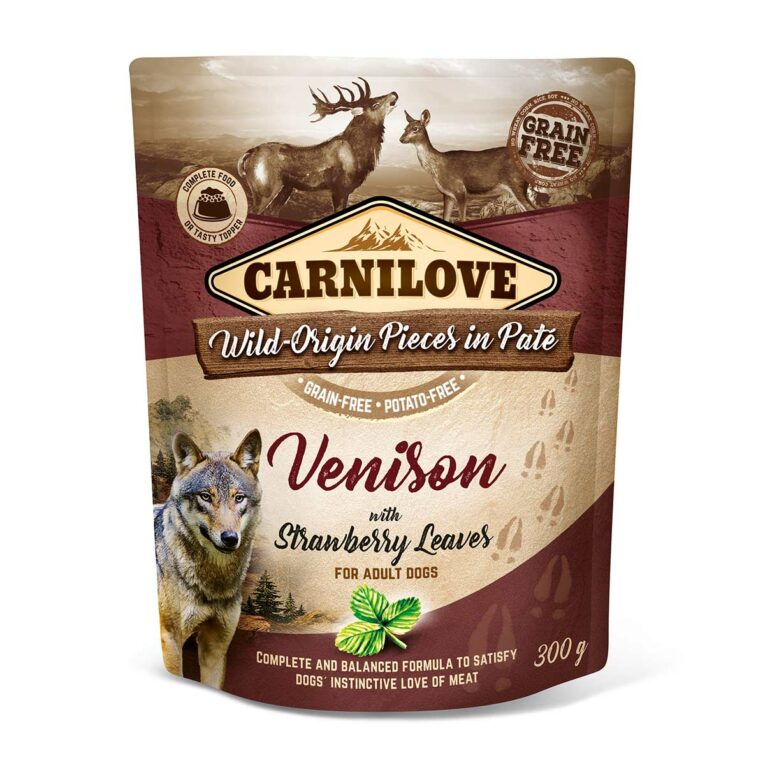 Günstig Carnilove Dog Pouch Paté – Venison with Strawberry Leaves 12x300g i mPreisvergleich in unserem Onlineshop auf Hundeliebe-shop.de kaufen.