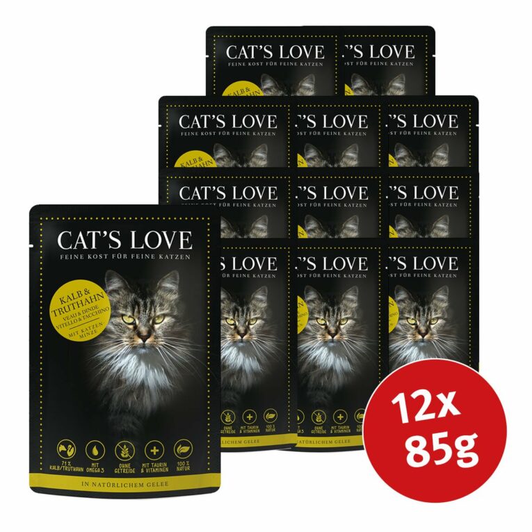 Günstig Cat’s Love Nassfutter Kalb & Truthahn mit Katzenminze & Leinöl 12x85g i mPreisvergleich in unserem Onlineshop auf Hundeliebe-shop.de kaufen.