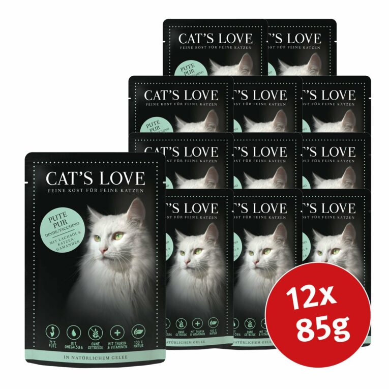 Günstig Cat’s Love Nassfutter Pute Pur mit Lachsöl & Katzengamander 12x85g i mPreisvergleich in unserem Onlineshop auf Hundeliebe-shop.de kaufen.