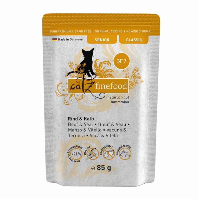 Günstig catz finefood Senior No.07 Rind & Kalb 16x85g i mPreisvergleich in unserem Onlineshop auf Hundeliebe-shop.de kaufen.
