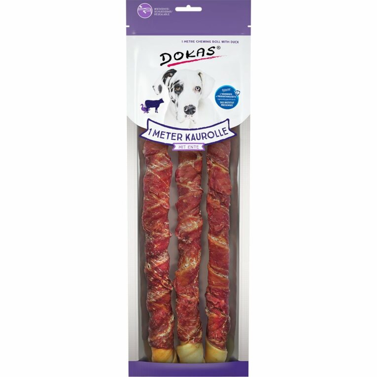 Günstig Dokas 1 Meter Kaurolle mit Ente (Rinderhaut) 315g i mPreisvergleich in unserem Onlineshop auf Hundeliebe-shop.de kaufen.