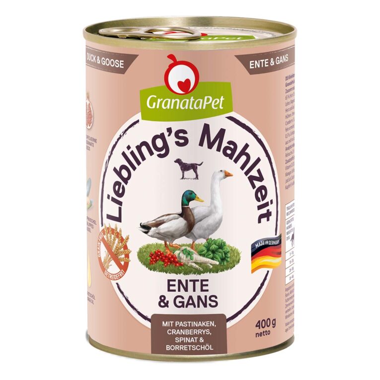 Günstig GranataPet Liebling’s Mahlzeit Ente und Gans 12x400g i mPreisvergleich in unserem Onlineshop auf Hundeliebe-shop.de kaufen.