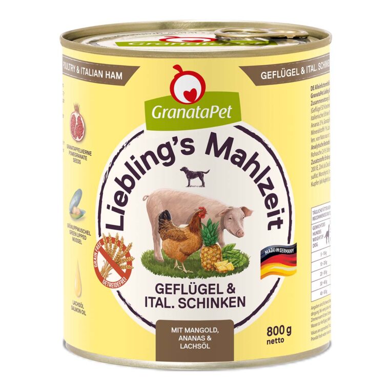 Günstig GranataPet Liebling’s Mahlzeit Geflügel und italienischer Schinken 6x800g i mPreisvergleich in unserem Onlineshop auf Hundeliebe-shop.de kaufen.
