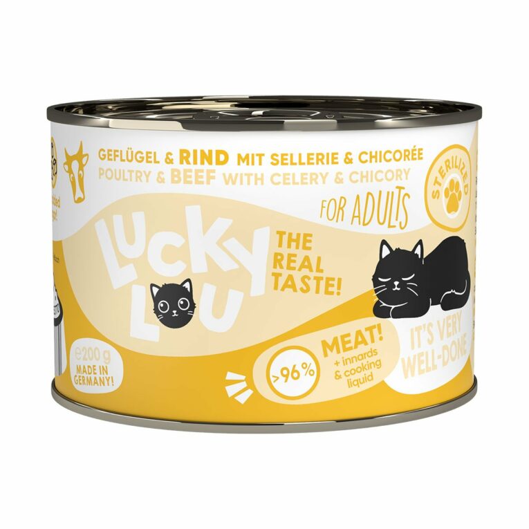 Günstig Lucky Lou Lifestage Sterilized Geflügel & Rind 24x200g i mPreisvergleich in unserem Onlineshop auf Hundeliebe-shop.de kaufen.