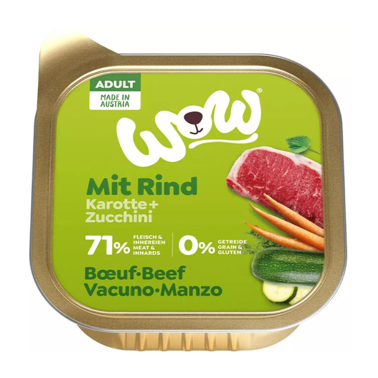 Günstig WOW Adult Rind mit Karotten und Zucchini 11x150g i mPreisvergleich in unserem Onlineshop auf Hundeliebe-shop.de kaufen.