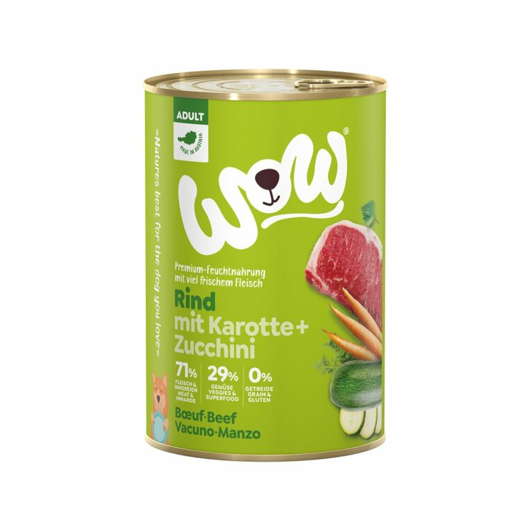 Günstig WOW Adult Rind mit Karotten und Zucchini 6x400g i mPreisvergleich in unserem Onlineshop auf Hundeliebe-shop.de kaufen.