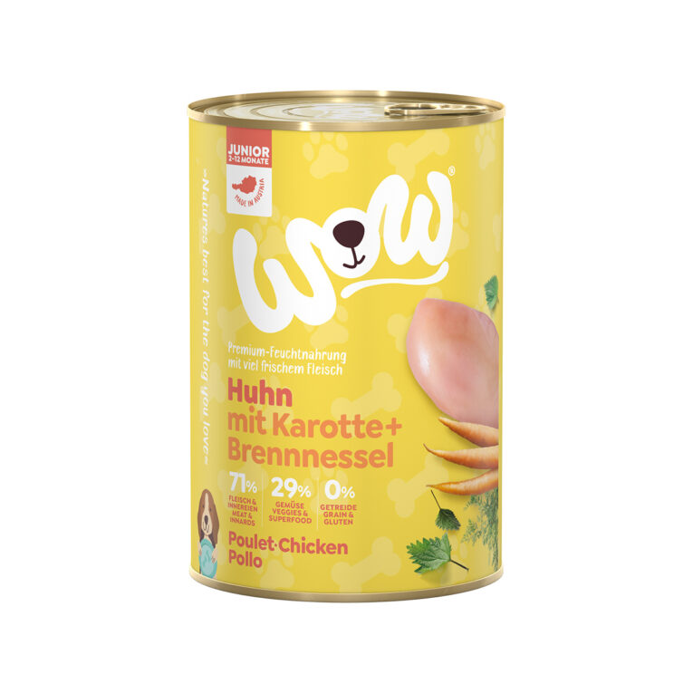 Günstig WOW Junior Huhn mit Karotten und Brennnessel 6x400g i mPreisvergleich in unserem Onlineshop auf Hundeliebe-shop.de kaufen.