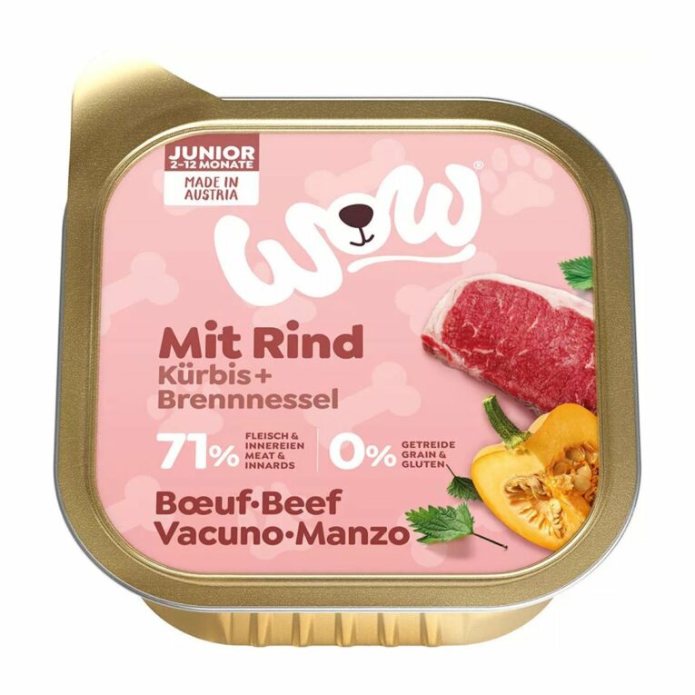 Günstig WOW Junior Rind mit Kürbis und Brennnessel 11x150g i mPreisvergleich in unserem Onlineshop auf Hundeliebe-shop.de kaufen.