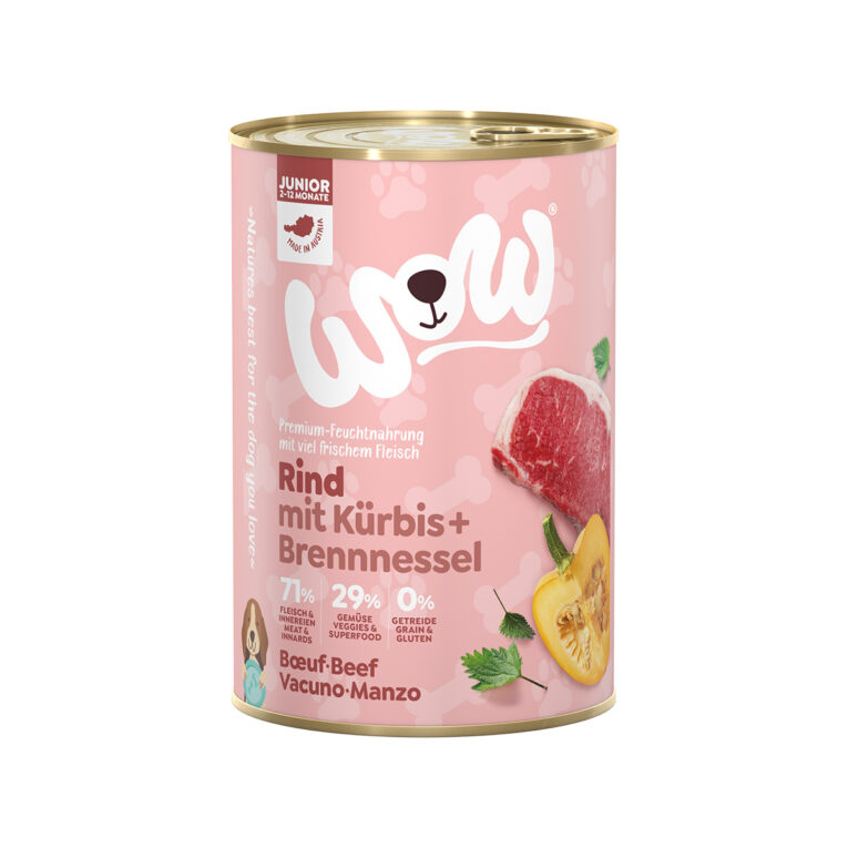Günstig WOW Junior Rind mit Kürbis und Brennnessel 6x400g i mPreisvergleich in unserem Onlineshop auf Hundeliebe-shop.de kaufen.
