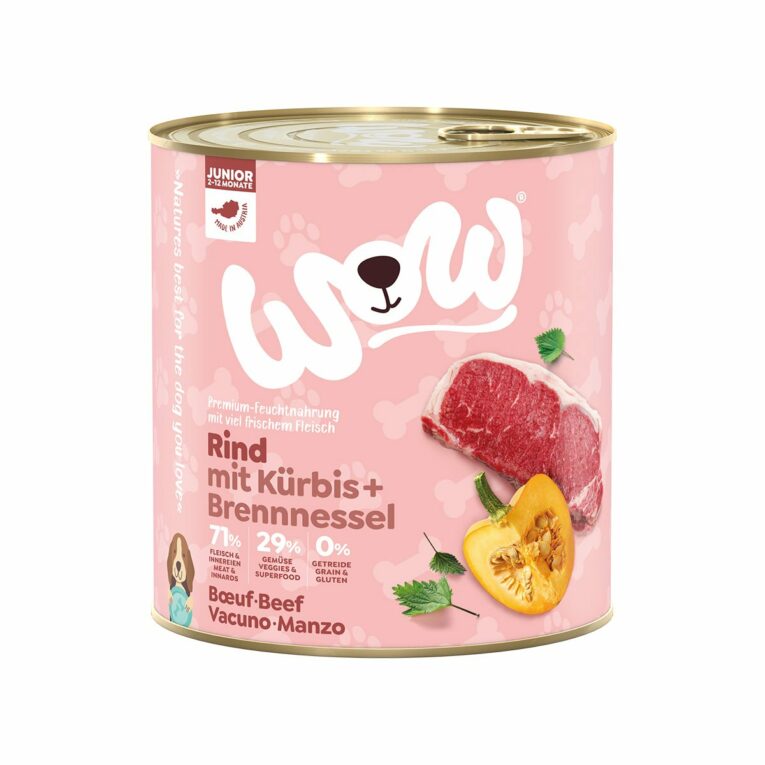 Günstig WOW Junior Rind mit Kürbis und Brennnessel 6x800g i mPreisvergleich in unserem Onlineshop auf Hundeliebe-shop.de kaufen.