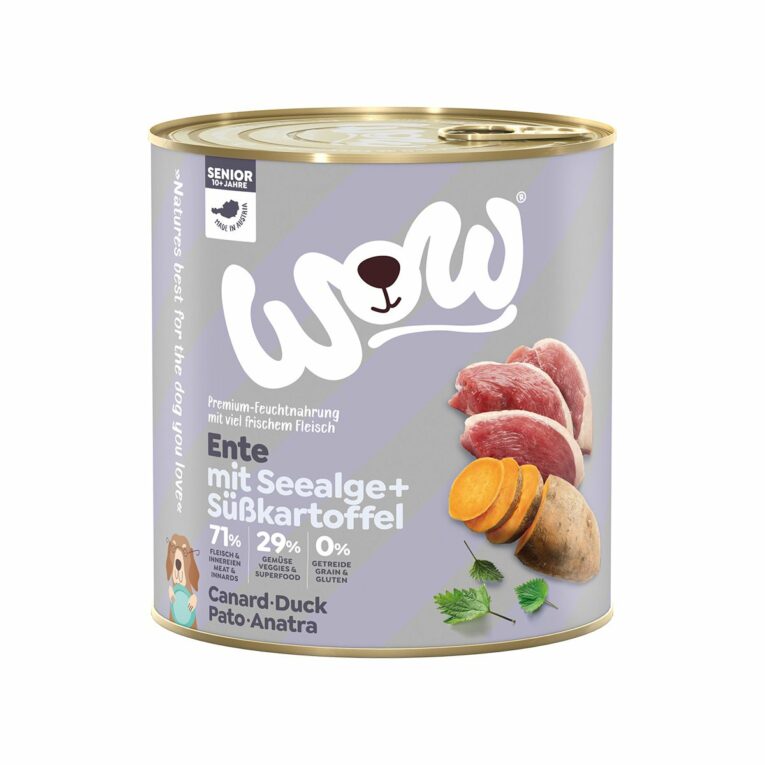 Günstig WOW Senior Ente mit Seealgen und Süßkartoffel 6x800g i mPreisvergleich in unserem Onlineshop auf Hundeliebe-shop.de kaufen.