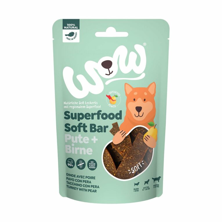 Günstig WOW SUPERFOOD Soft Bar Pute mit Birne 150g i mPreisvergleich in unserem Onlineshop auf Hundeliebe-shop.de kaufen.