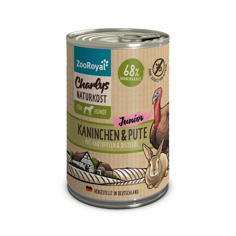Günstig ZooRoyal Charlys Naturkost Junior Kaninchen & Pute mit Kartoffeln & Distelöl 6x400g i mPreisvergleich in unserem Onlineshop auf Hundeliebe-shop.de kaufen.