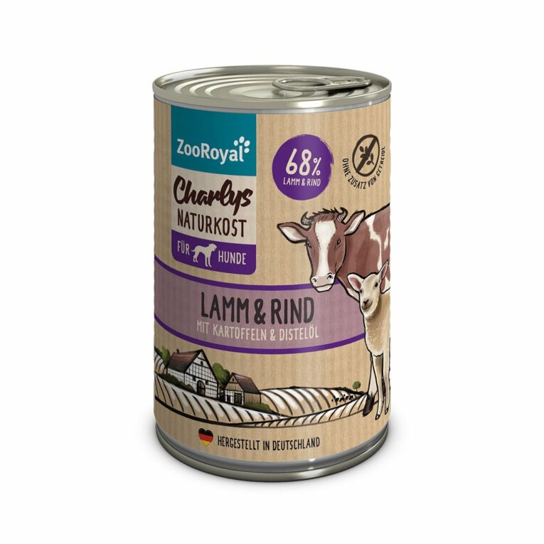 Günstig ZooRoyal Charlys Naturkost Lamm & Rind mit Kartoffeln & Distelöl 6x400g i mPreisvergleich in unserem Onlineshop auf Hundeliebe-shop.de kaufen.