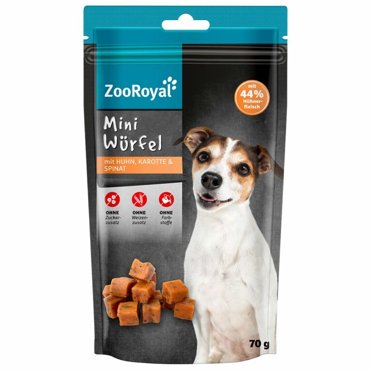 Günstig ZooRoyal Mini Hühnerwürfel mit Karotte & Spinat 70g i mPreisvergleich in unserem Onlineshop auf Hundeliebe-shop.de kaufen.