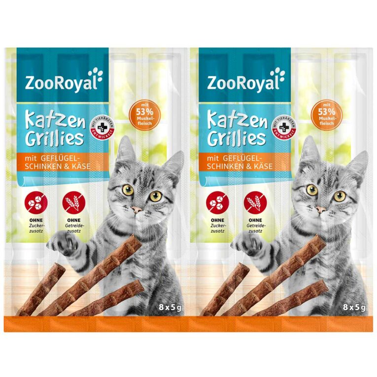 Günstig ZooRoyal Katzen-Grillies Geflügelschinken & Käse 32x5g i mPreisvergleich in unserem Onlineshop auf Hundeliebe-shop.de kaufen.