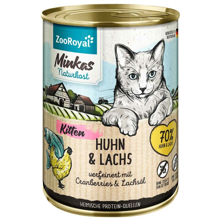 Günstig ZooRoyal Minkas Kitten Huhn und Lachs 12x400g i mPreisvergleich in unserem Onlineshop auf Hundeliebe-shop.de kaufen.