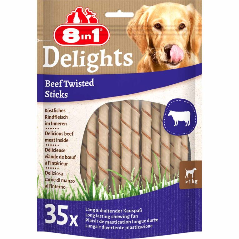 Günstig 8in1 Hundesnack Delights Beef Twisted Sticks 35 Stück i mPreisvergleich in unserem Onlineshop auf Hundeliebe-shop.de kaufen.