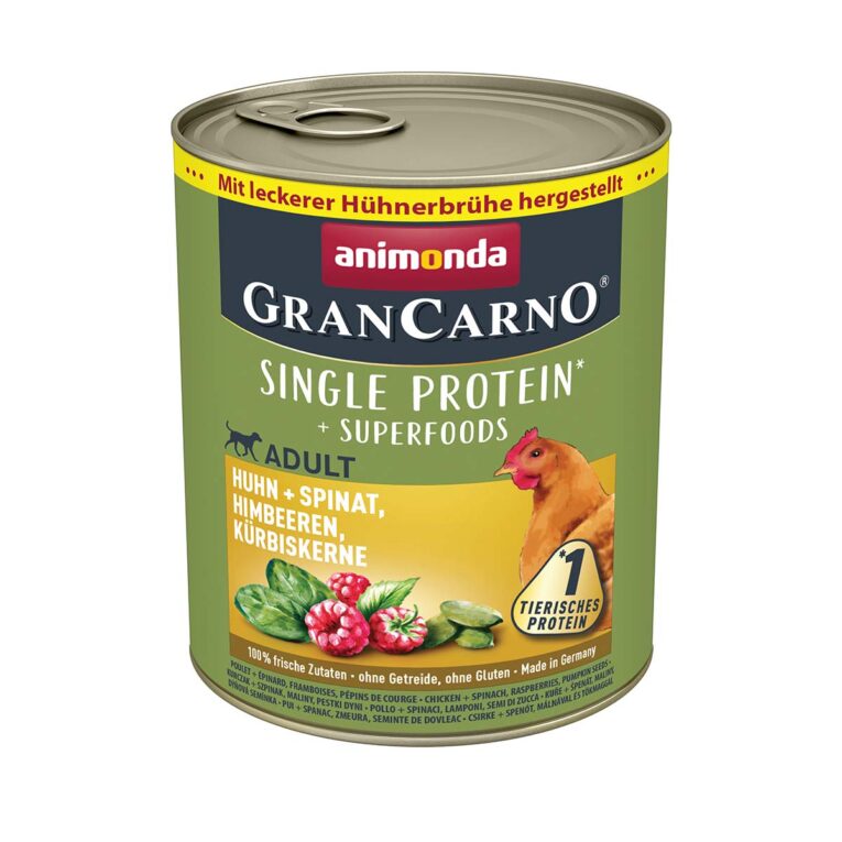 Günstig animonda GranCarno superfoods Huhn + Spinat + Himbeer + Kürbiskern 24x800g i mPreisvergleich in unserem Onlineshop auf Hundeliebe-shop.de kaufen.