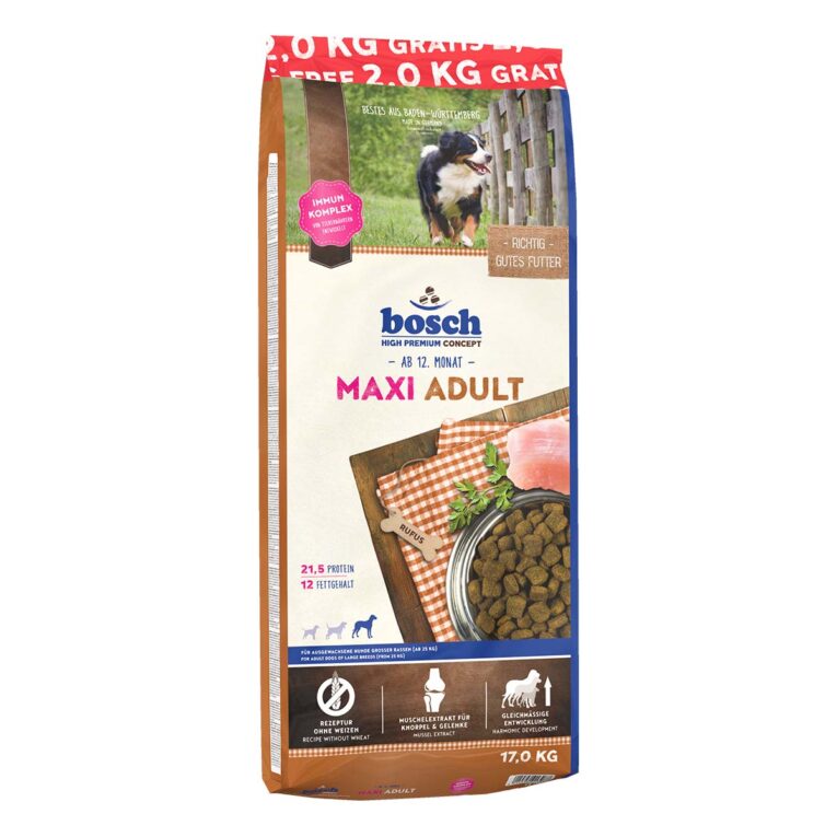 Günstig Bosch Hundefutter Maxi Adult 15kg + 2kg GRATIS i mPreisvergleich in unserem Onlineshop auf Hundeliebe-shop.de kaufen.