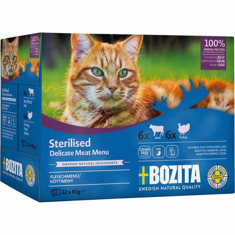 Günstig Bozita Pouch Häppchen in Gelee Sterilised Fleischmenü 12x85g i mPreisvergleich in unserem Onlineshop auf Hundeliebe-shop.de kaufen.
