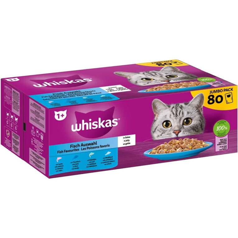Günstig Whiskas Pouch Multipack 1 + Fisch in Gelee 80x85g i mPreisvergleich in unserem Onlineshop auf Hundeliebe-shop.de kaufen.