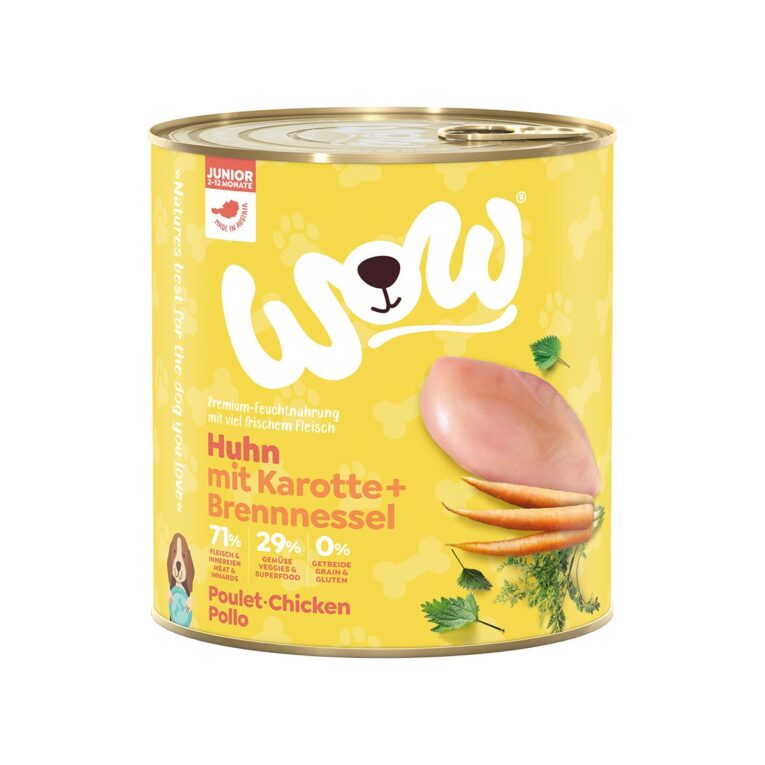 Günstig WOW Junior Huhn mit Karotten und Brennnessel 6x800g i mPreisvergleich in unserem Onlineshop auf Hundeliebe-shop.de kaufen.