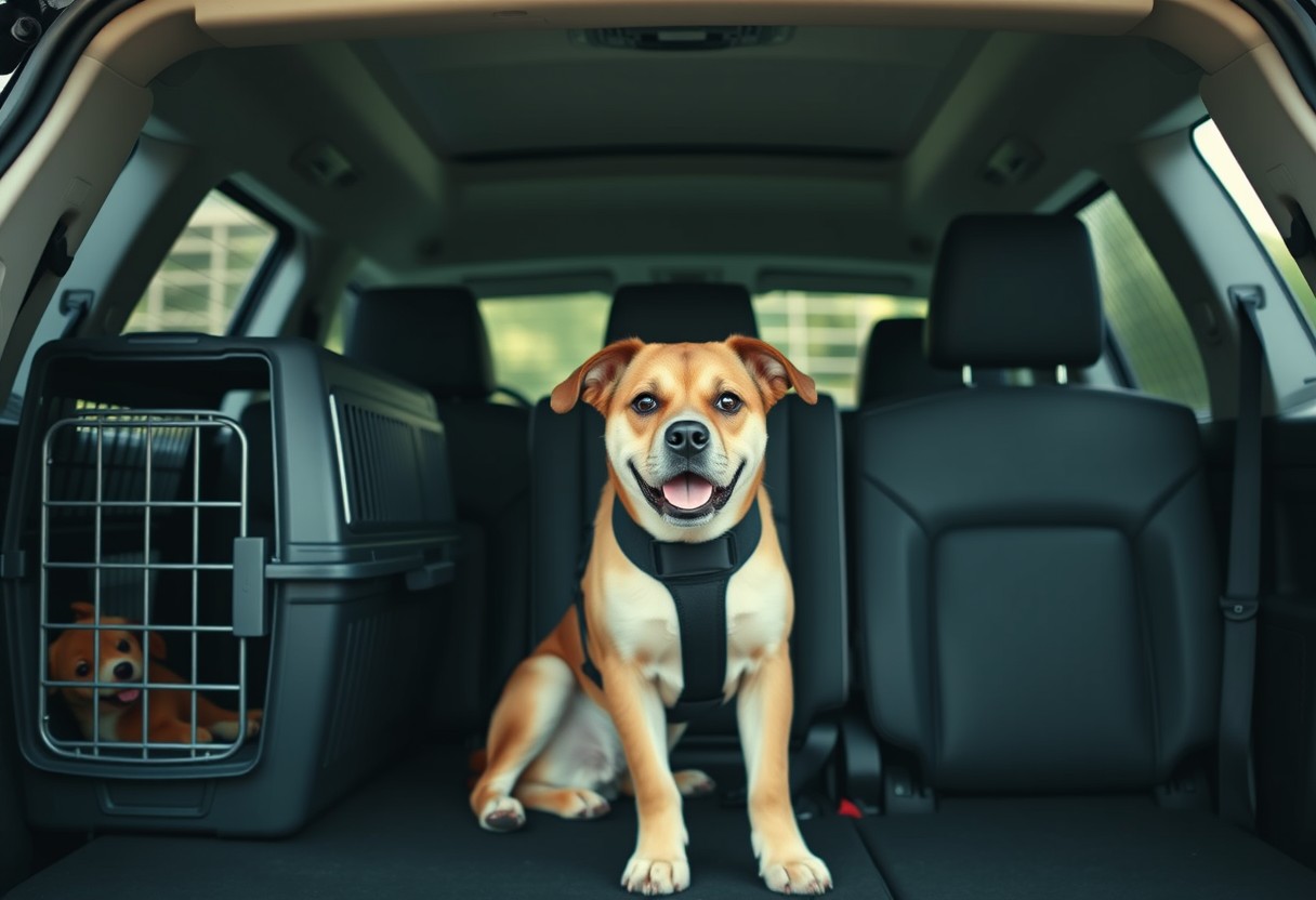 secure dog in car crate seatbelt or barrier bqb